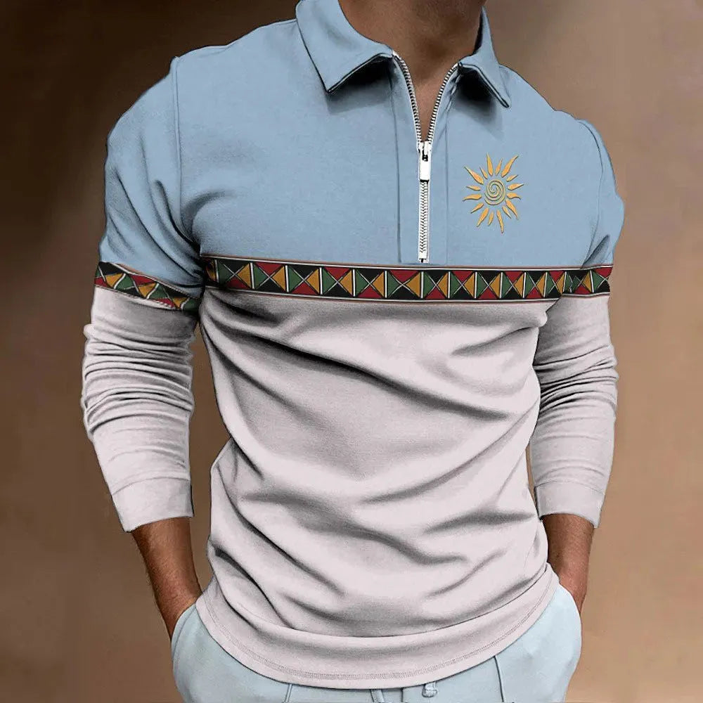 Men's retro striped print long sleeve golf T-shirt with zipper decoration on polyester fabric
