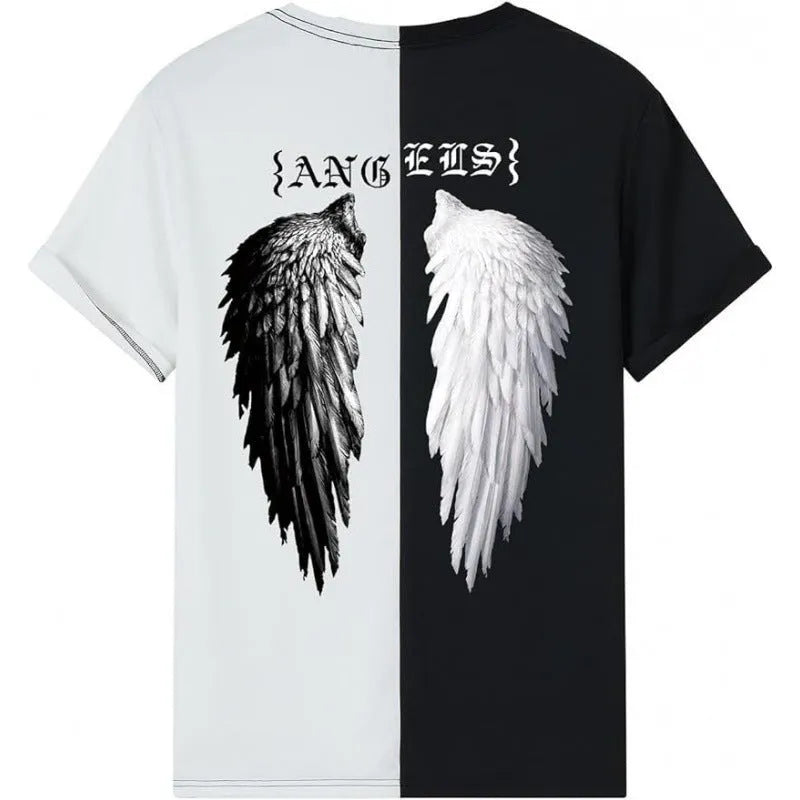 Men's printed short-sleeved street sports T-shirt on a hanger, showing one of the 10 digital print colour styles.