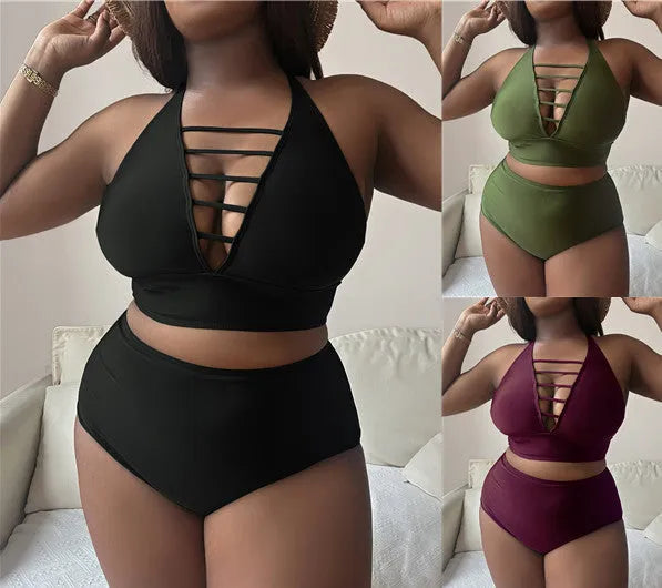 Plus size women's halter bikini set with adjustable cross straps and high waist briefs