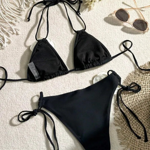 Black 3D flower drawstring lace split bikini set on a mannequin.