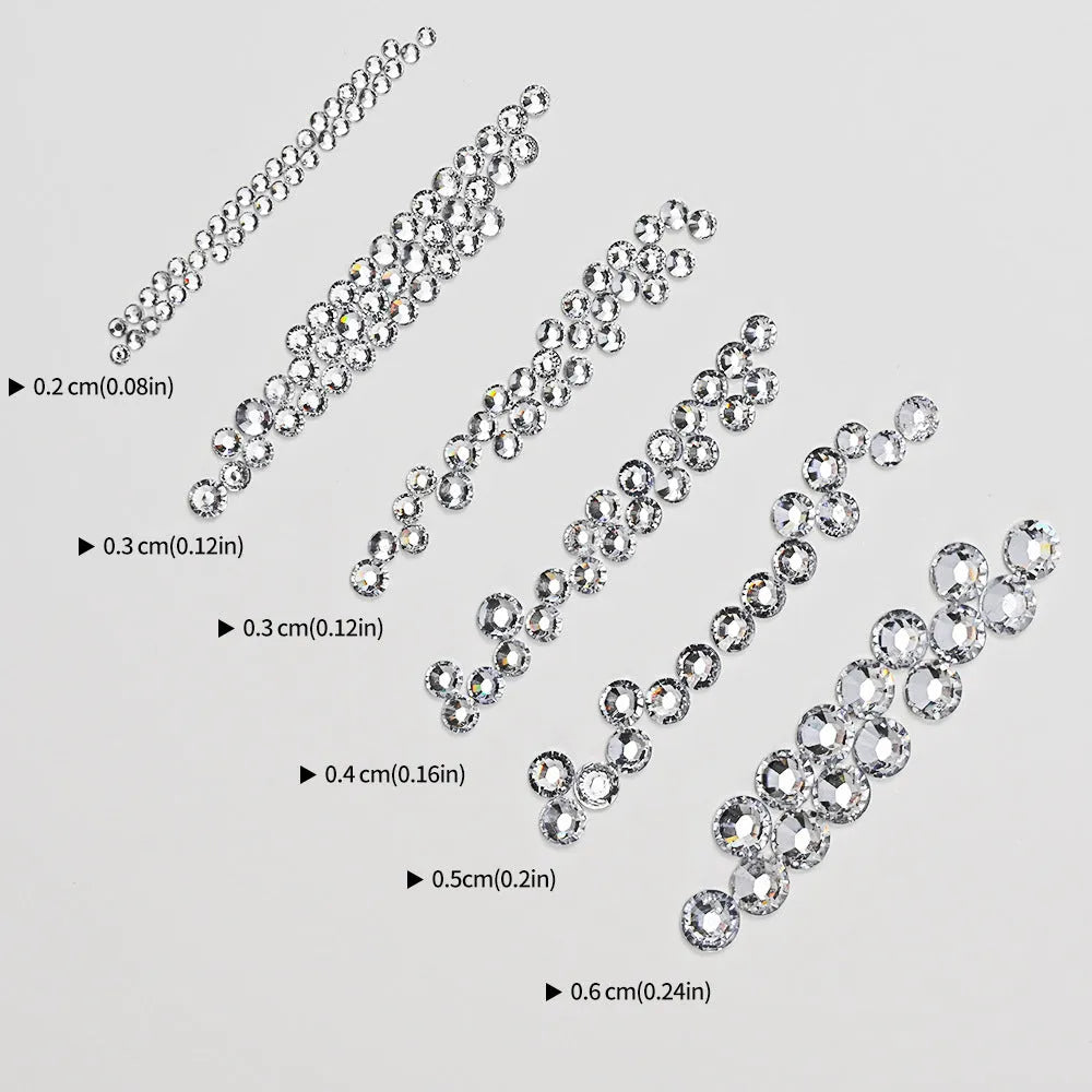 12-grid resin nail diamond strip box with mix of white, AB colour, pink diamond, round diamond, and semi-circular white pearl options