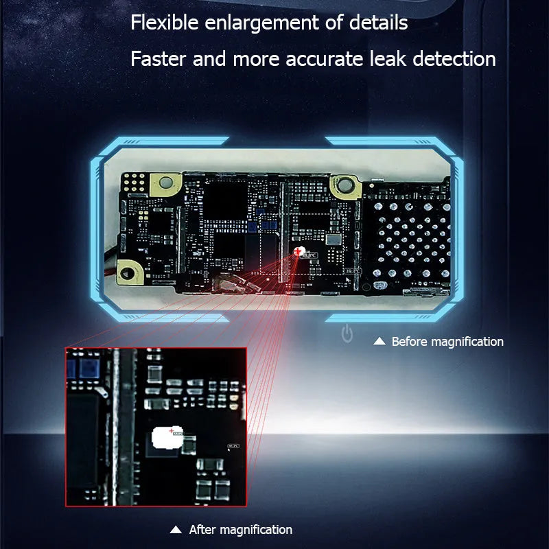 Black USB mobile phone mainboard diagnostic instrument measuring 48mm by 48mm by 154mm.