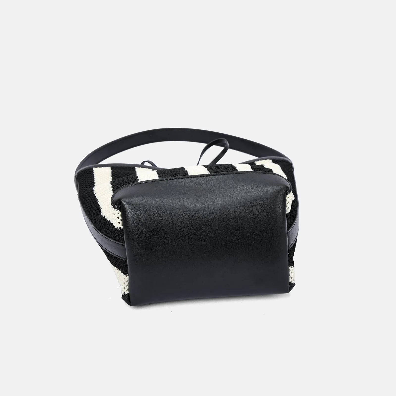 Black and white striped woven fabric women's bucket shoulder bag.