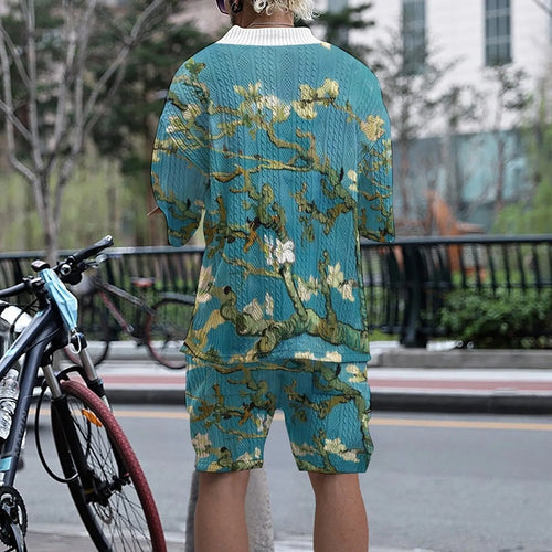 3D printed peacock blue men's knitted casual suit set with t-shirt and mid-length shorts