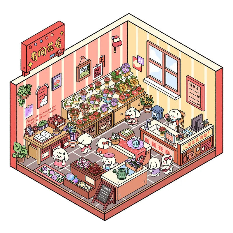 3D miniature scene sticker set Brome Puppy Bobo Korean style decals four themes clothing store flower shop hot pot restaurant Christmas