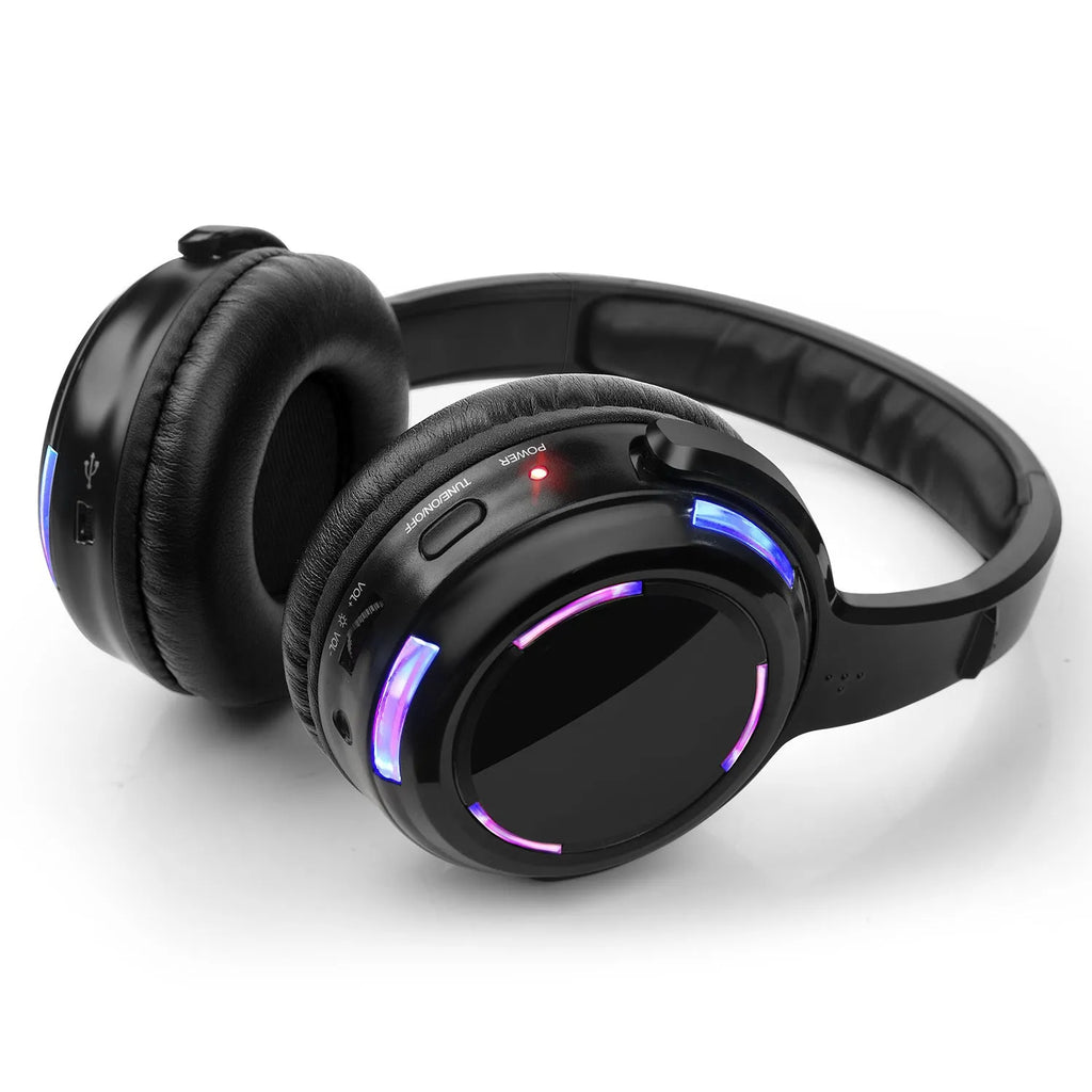 Black silent disco wireless headphones with head-mounted design and 3.5mm plug for event use