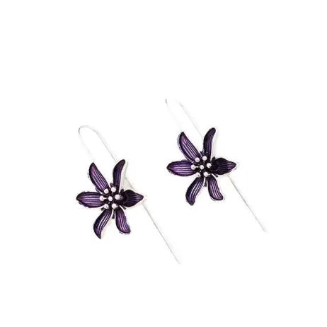 A pair of purple flower-shaped alloy stud earrings with a simple post back, shown against a plain background.