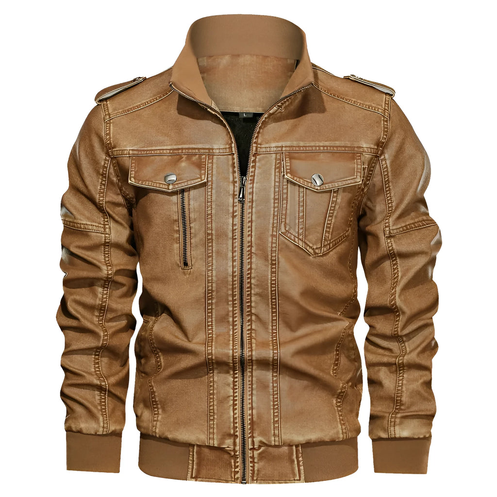 European and American style men's PU leather coat in blue with side pockets and regular fit