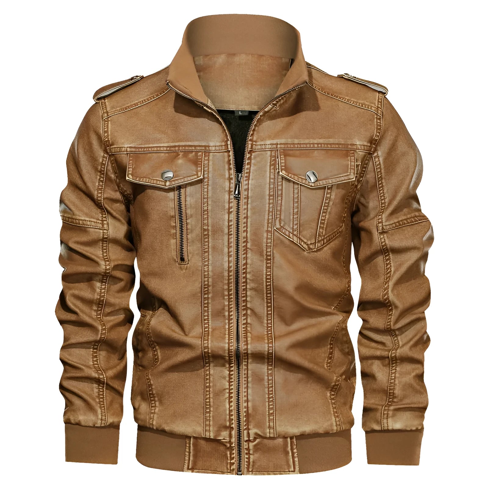 European and American style men's PU leather coat in blue with side pockets and regular fit