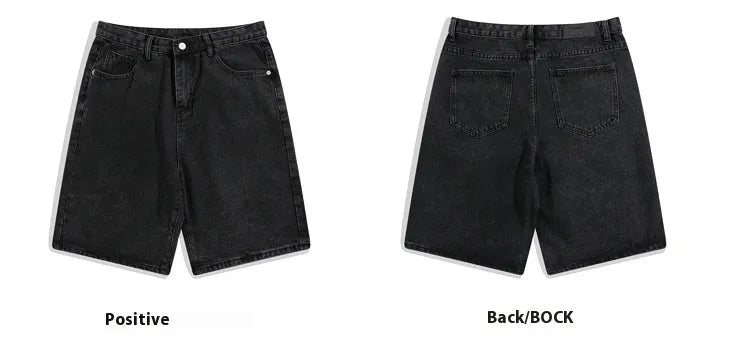 Men's straight-leg denim shorts in light blue on a mid waist, featuring a five-point cut and zip fly.