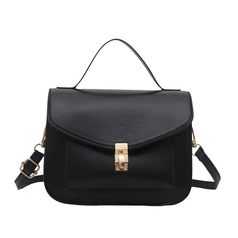 Retro-style horizontal square messenger bag in PU leather with crossbody strap and sandwich pocket
