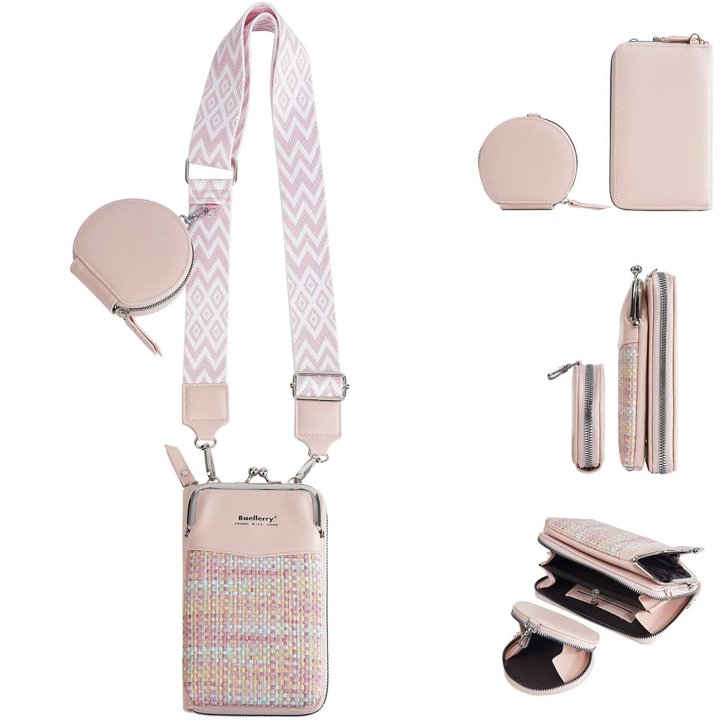 Women's crossbody phone bag mini satchel in square vertical model showing apricot colour option