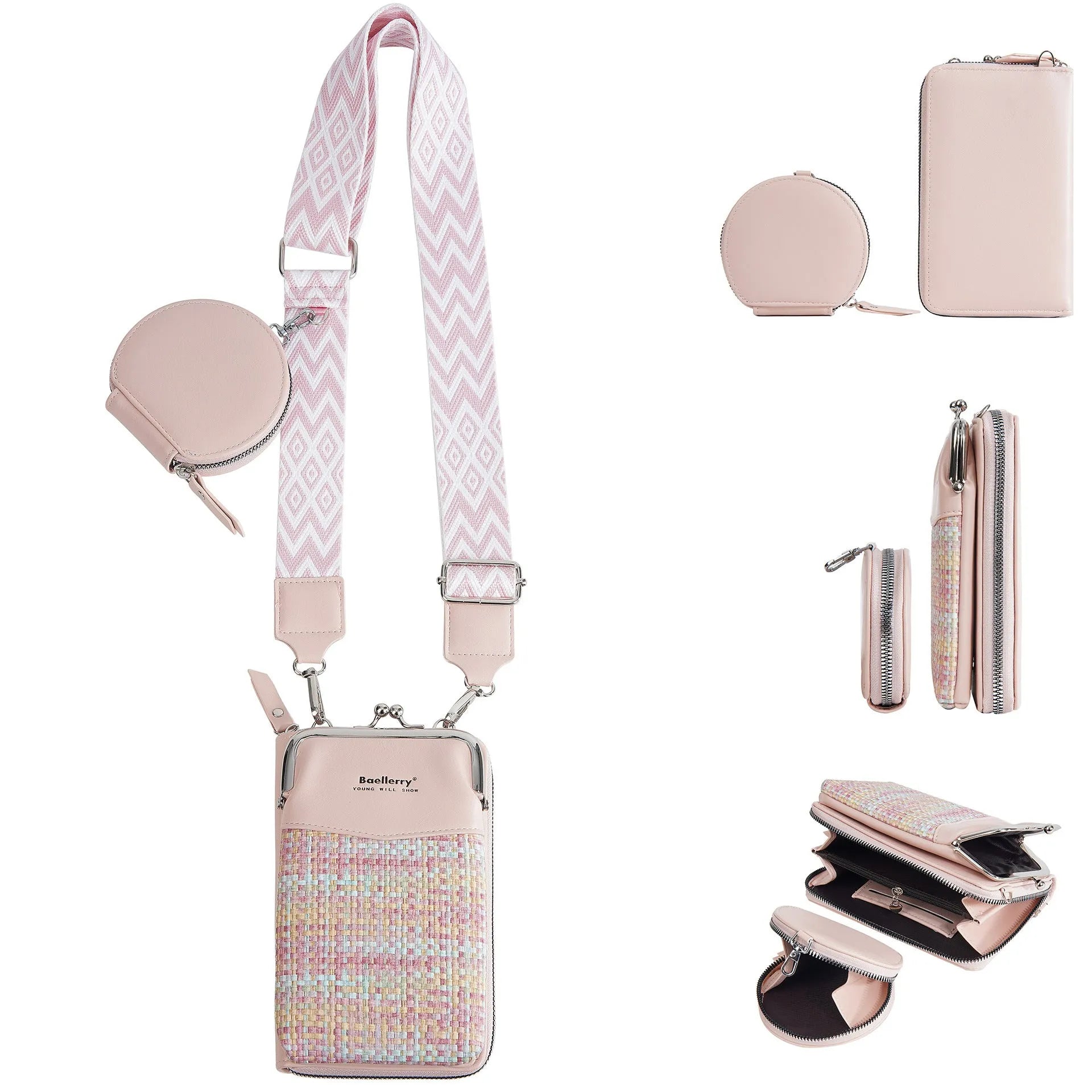 Women's crossbody phone bag mini satchel in square vertical model showing apricot colour option