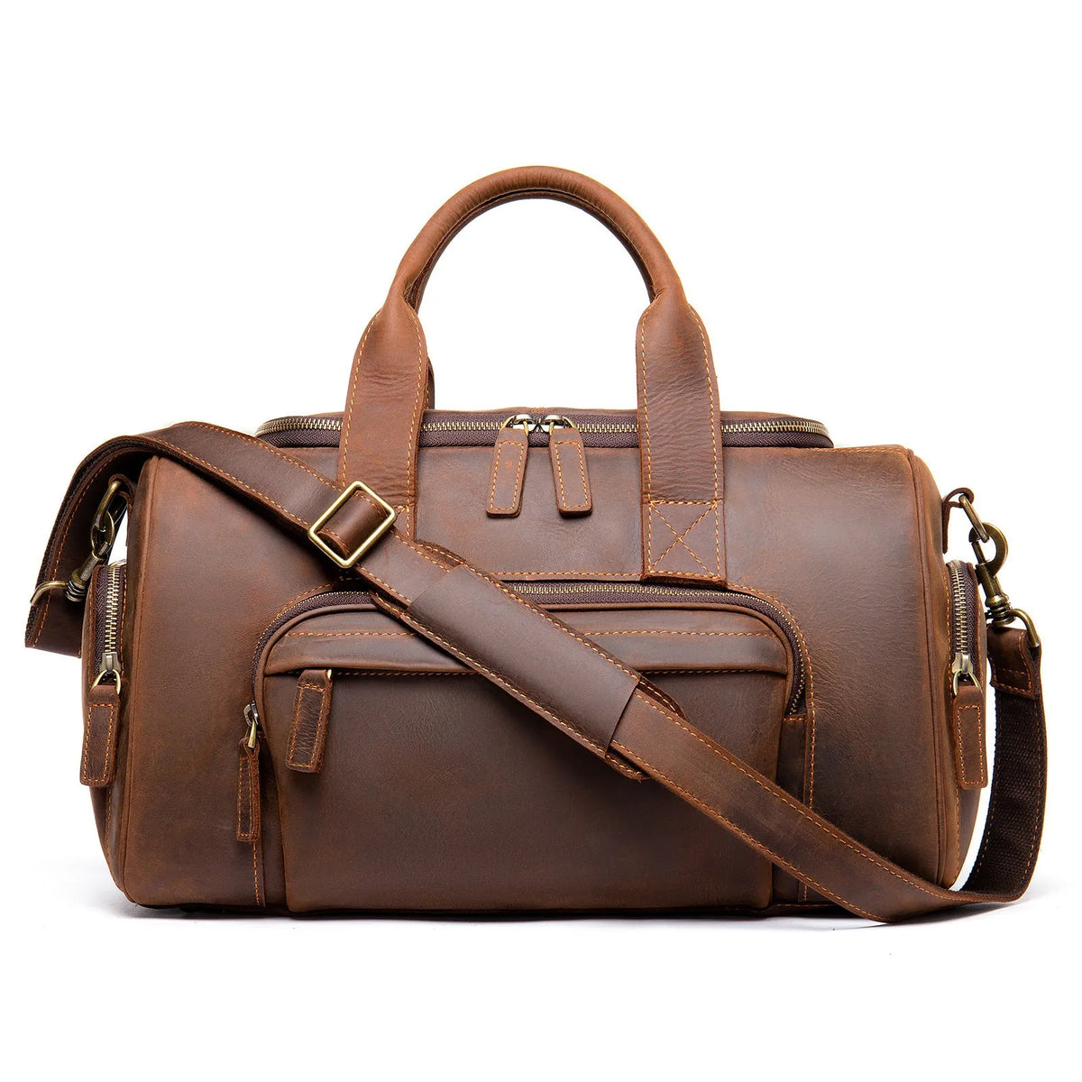 Handmade retro leather holdall 41x19.5x24cm in coffee with soft shoulder strap and multiple zip pockets