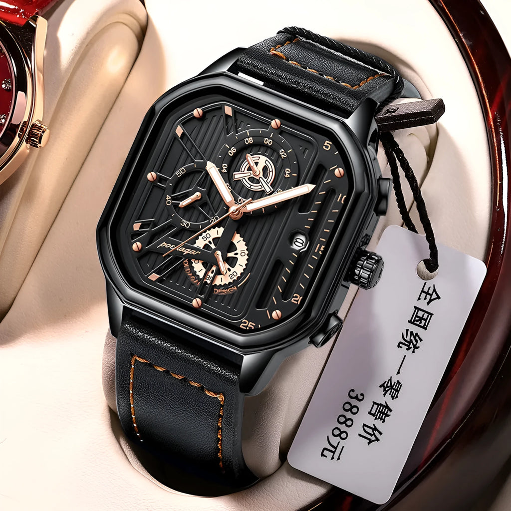 Men's belt-style quartz watch in black with gold details on wrist