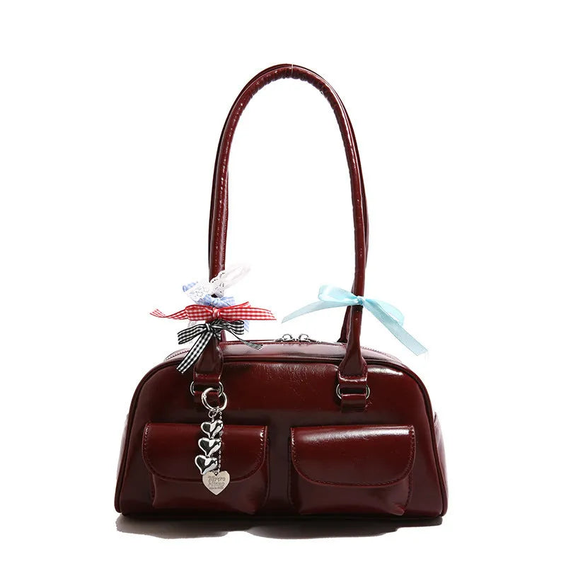 PU leather women's pillow-shaped handbag with double shoulder strap and retro flap closure