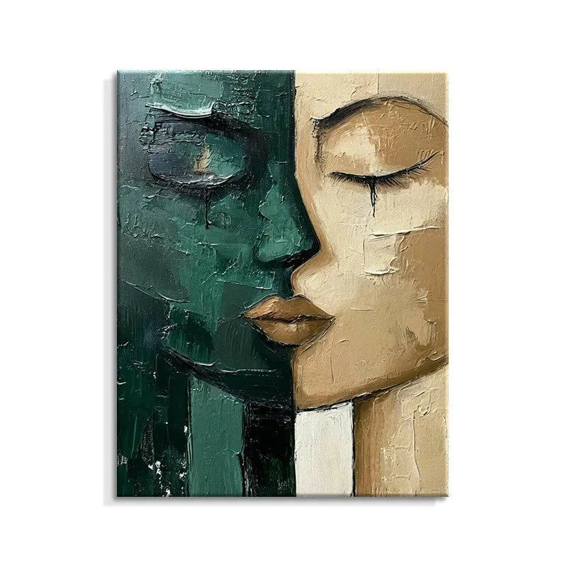 Hand-painted oil painting modern art green and beige face on canvas wall decor