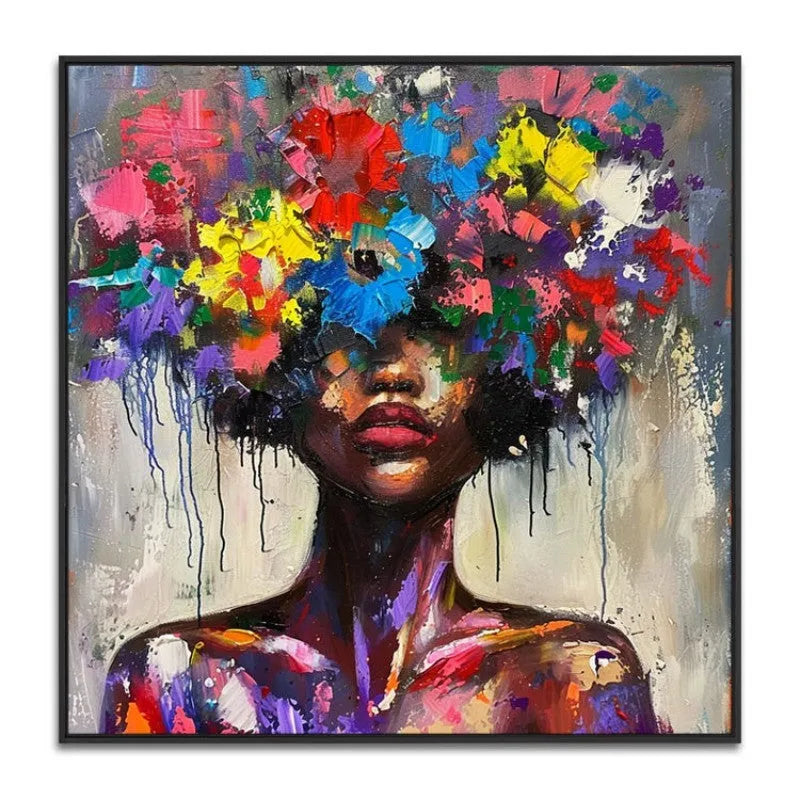 Hand painted oil painting of woman with colourful mystical floral design on canvas for modern wall decor no frame