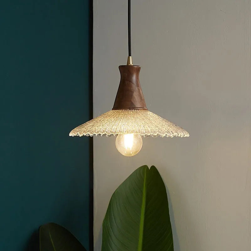 Retro wooden body and glass shade brass chandelier ceiling light fixture