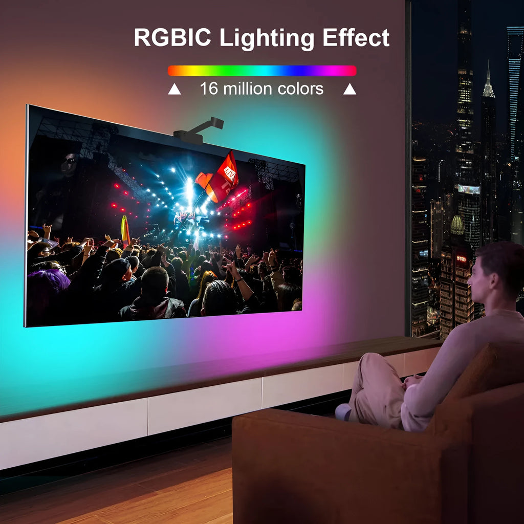 Graffiti APP smart TV backlight strip with camera controller and remote on black background