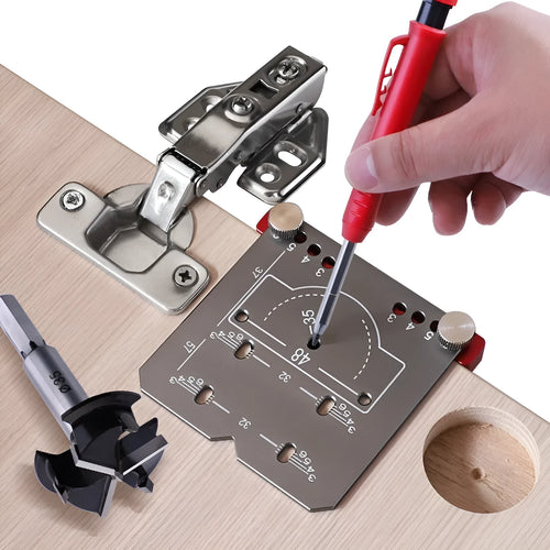 Red aluminium alloy hinge locating ruler with adjustable margins and carbide tip blade for 35mm hinges.