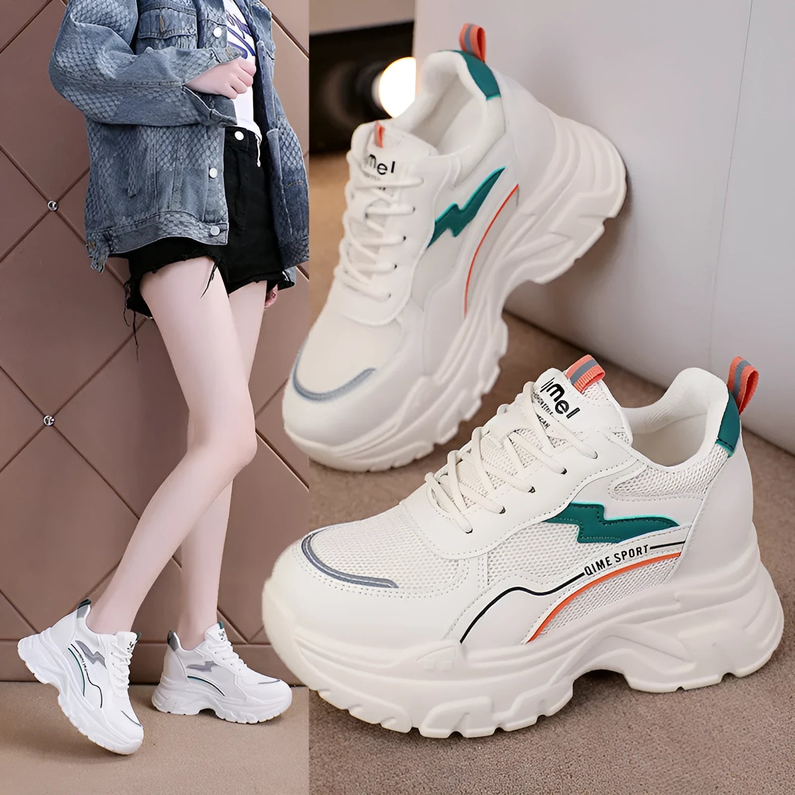 Women's white breathable dad shoes with lace-up front and cross shoulder strap on a rubber sole.