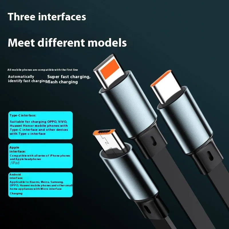Telescopic three-in-one fast charge data cable with Type-C, Apple, and Android heads, 1.2m TPE wire, black colour