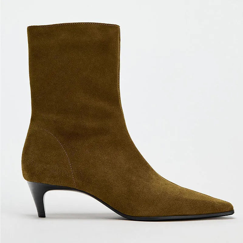 Brown retro square toe kitten heel mid-calf boots with a side zip on a white background