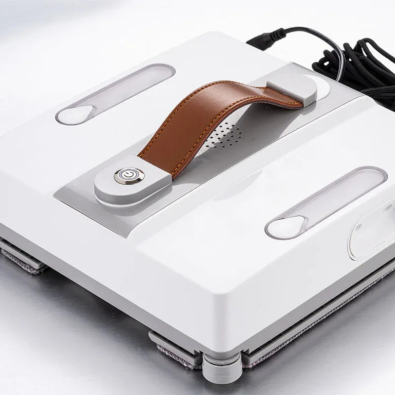White square intelligent window cleaning robot for high-rise windows, showing control panel.