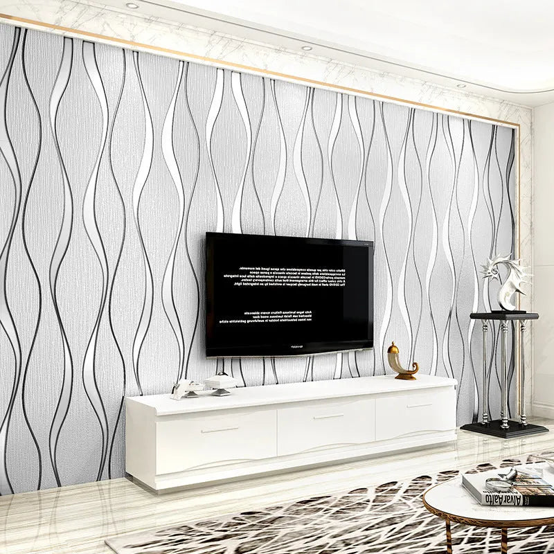 Close-up of dark brown 3D curve stripe textured wallpaper with deerskin velvet finish.