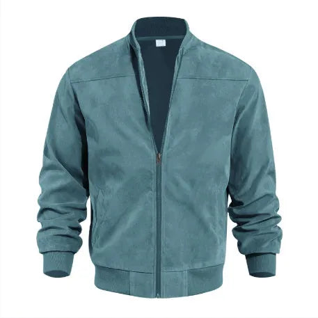 Man wearing a plus size Army Green suede zip-up casual jacket.