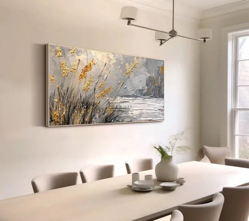 Hand painted abstract landscape oil painting of lake reed beds on canvas, horizontal modern style