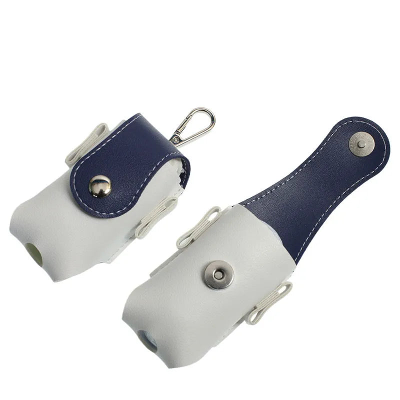 Mini portable PU golf ball bag in blue, pink, brown, and gray on a white background