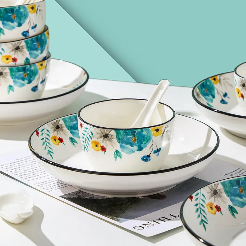 Flower In Ink 22-piece bone china style porcelain dinner set with floral pattern bowls spoons and plates