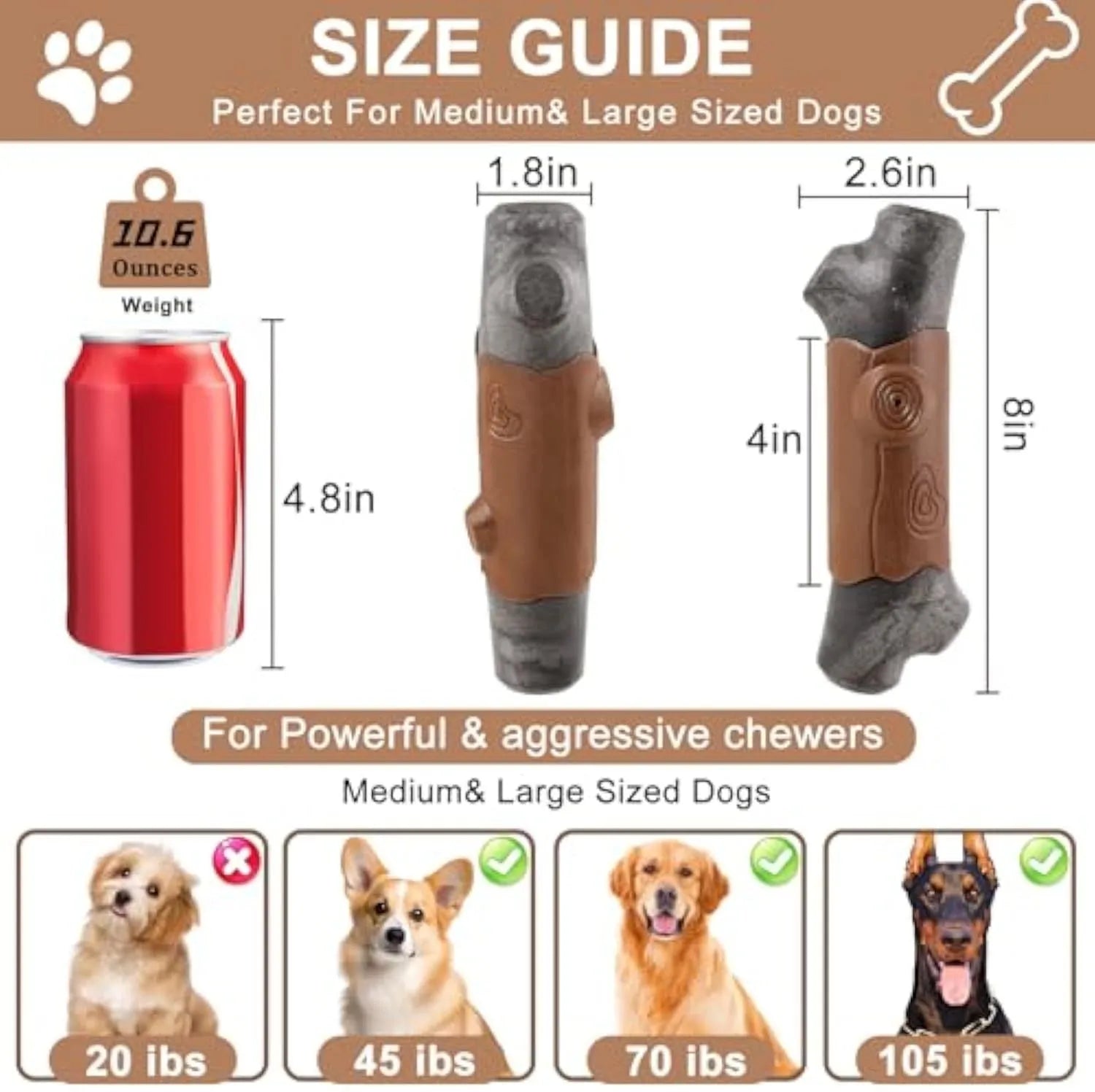 Branch-shaped nylon dog chew toy with bacon flavour and squeaker for large breed aggressive chewers