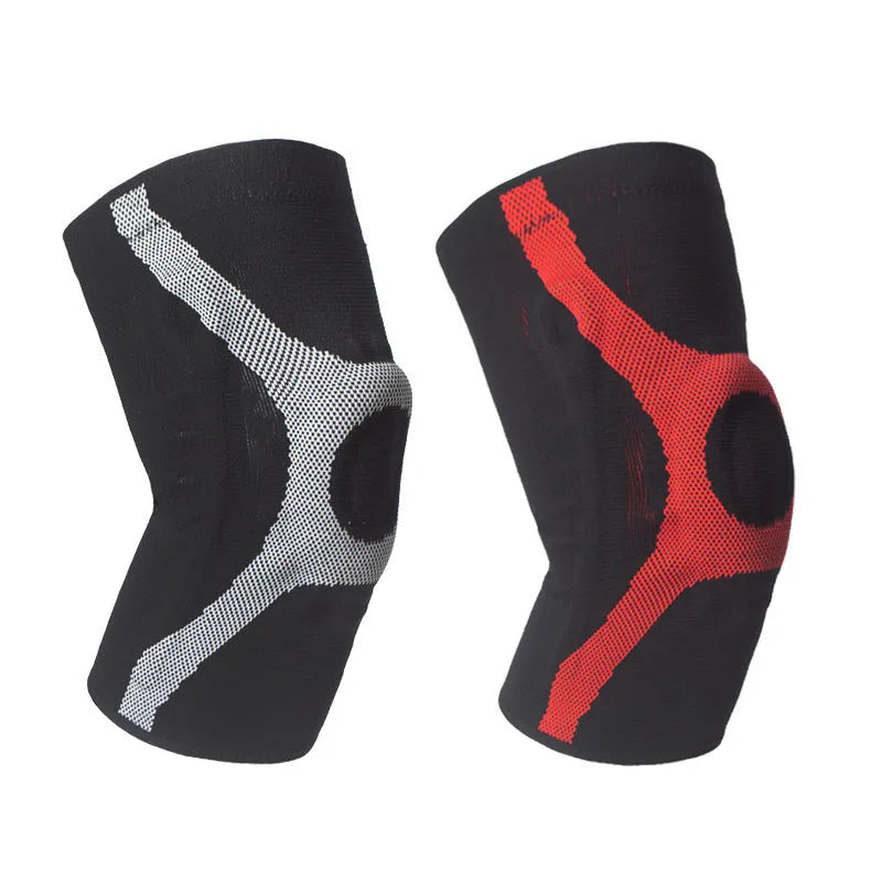 Red and grey knitted sports knee pads with silicone non-slip protection for running and climbing.