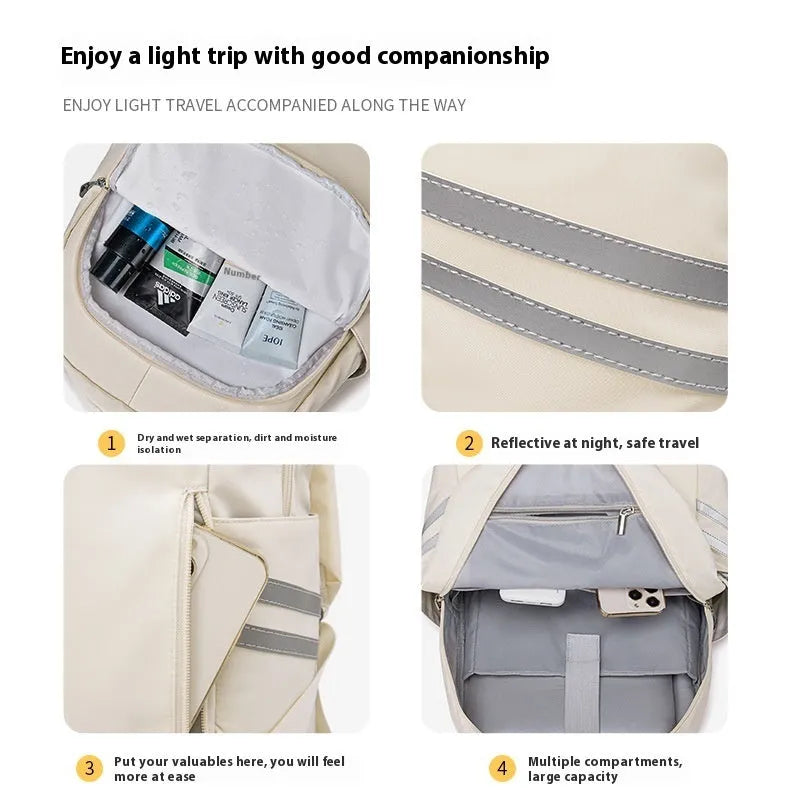 Solid colour polyester backpack with dry wet separation compartments and curved shoulder straps