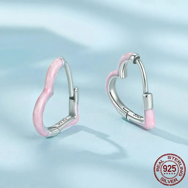 925 silver love heart earrings for women dripping oil finish pink red heart shape ear studs