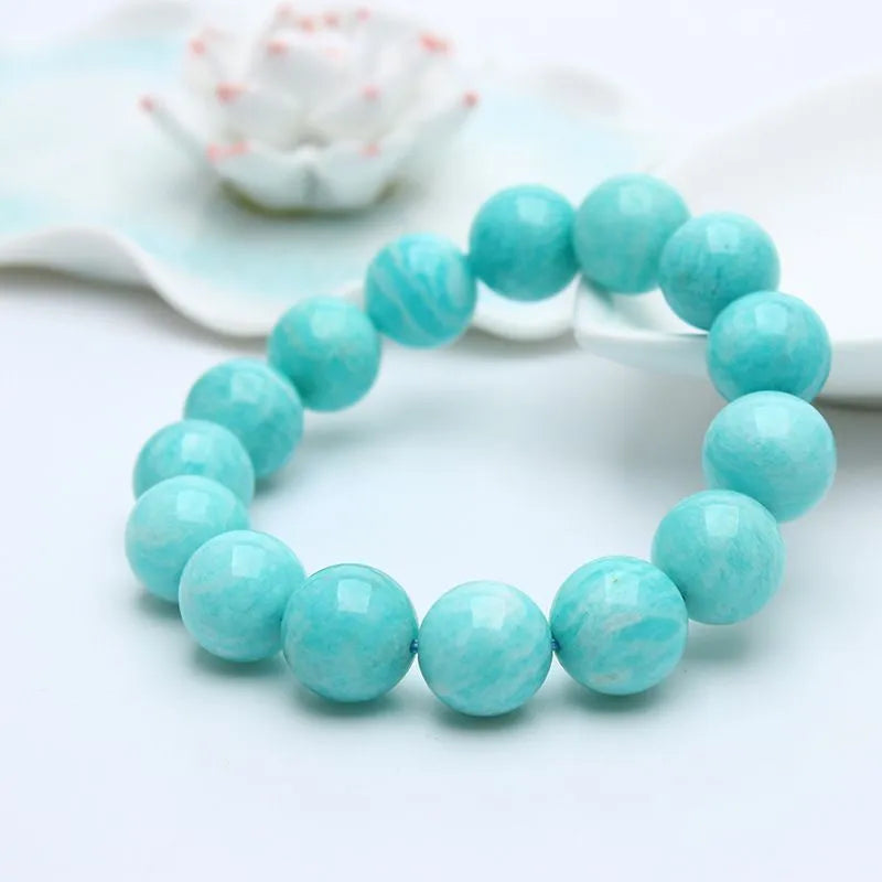 Amazonite gemstone bracelet with polished blue-green beads, shown in 8mm, 9mm, and 10mm size options.