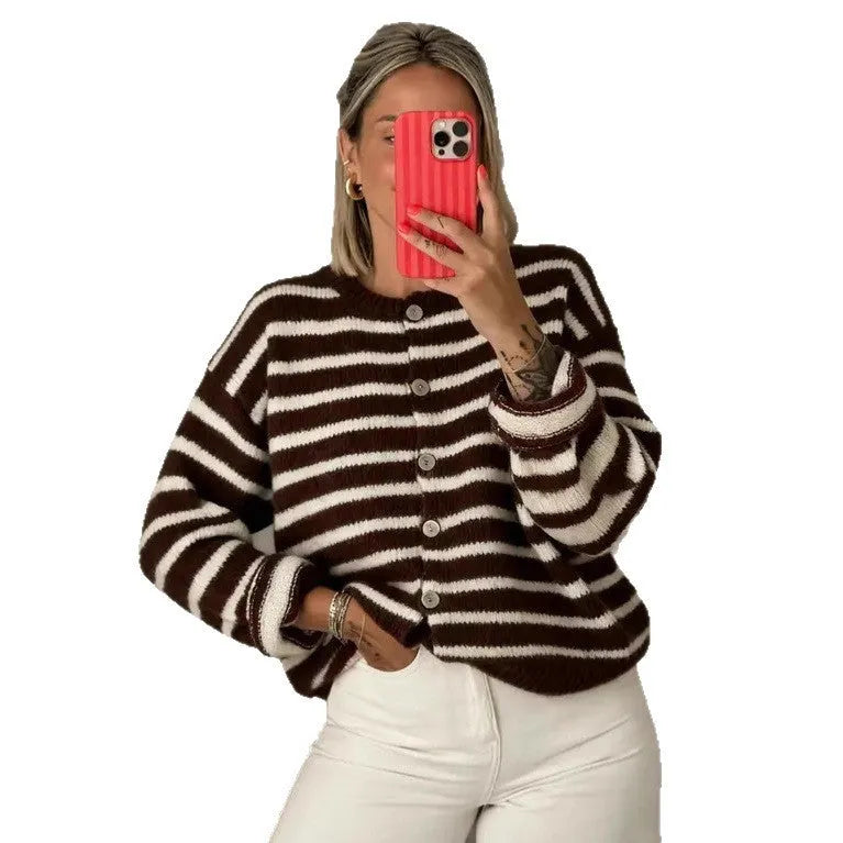 Women's long sleeve striped colour block cardigan in pink, white and black colours, cotton polyester fabric
