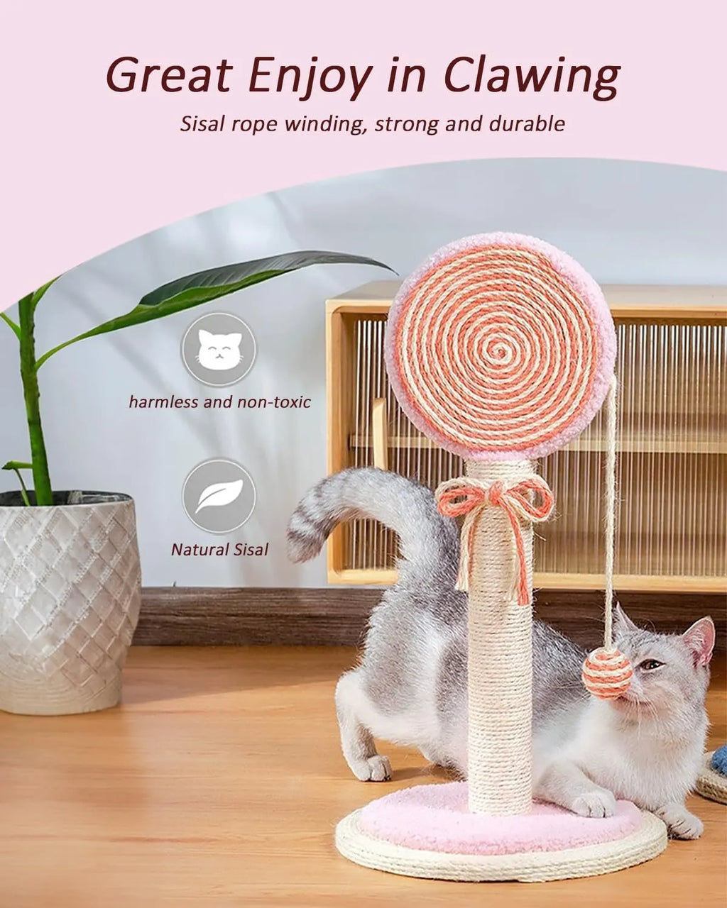 Blue cat scratching post with natural sisal rope and a dangling yellow ball on a sturdy wooden base