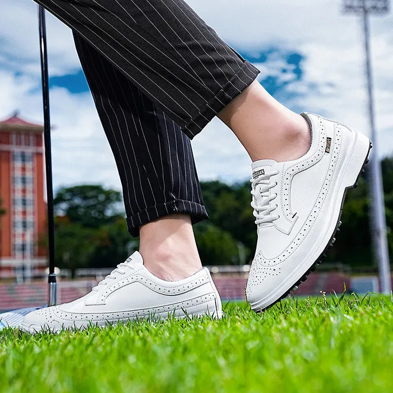 Men's Lake Blue and White genuine leather golf shoes with non-slip rubber outsoles.