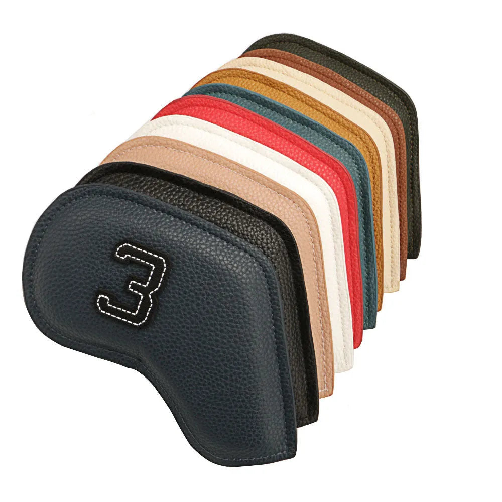 Set of 10 assorted colour PU golf club head covers with digital print designs.