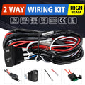 Black off road LED spotlight wiring harness with integrated switch and connectors for vehicle lighting installation