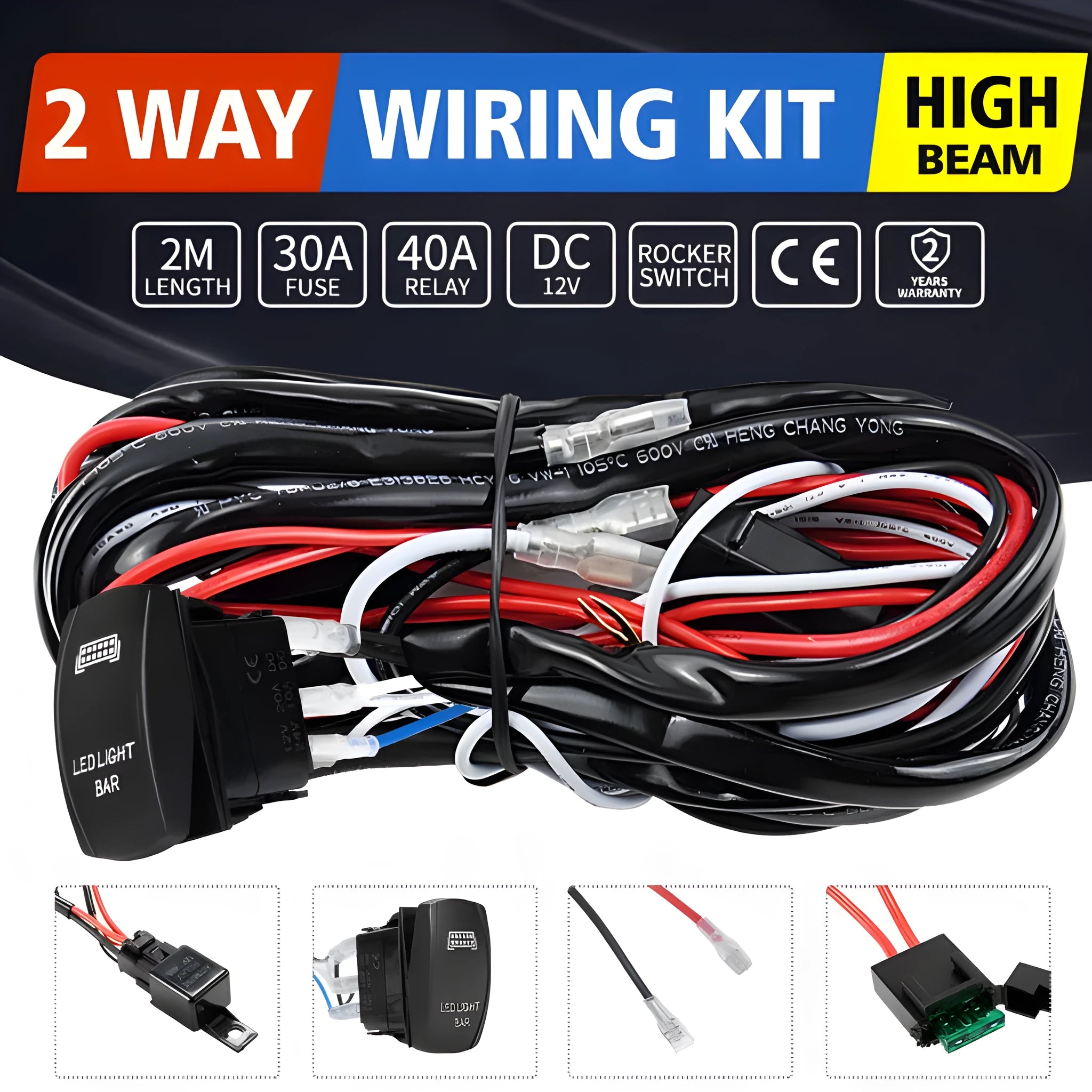 Black off road LED spotlight wiring harness with integrated switch and connectors for vehicle lighting installation