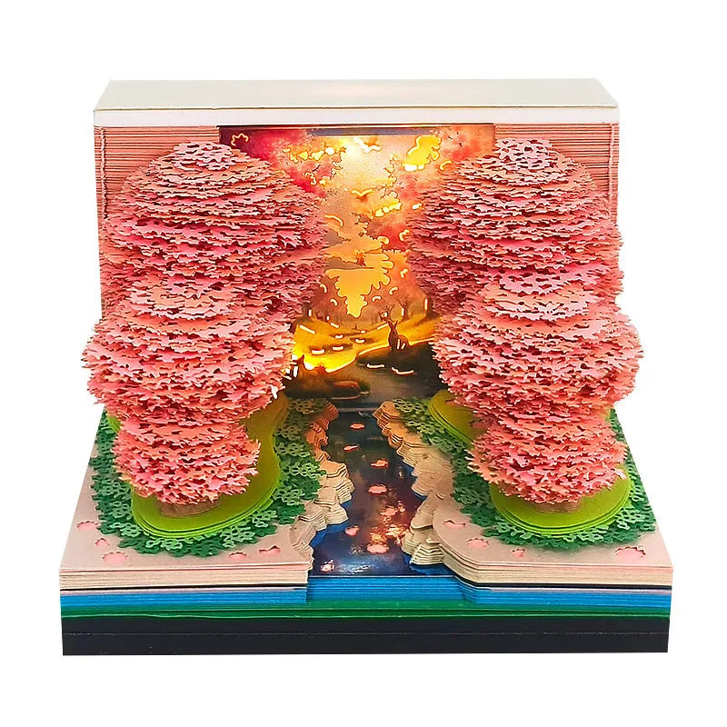 Peach Blossom Forest paper-cut calendar with paper brick design for 2026 English weekly use