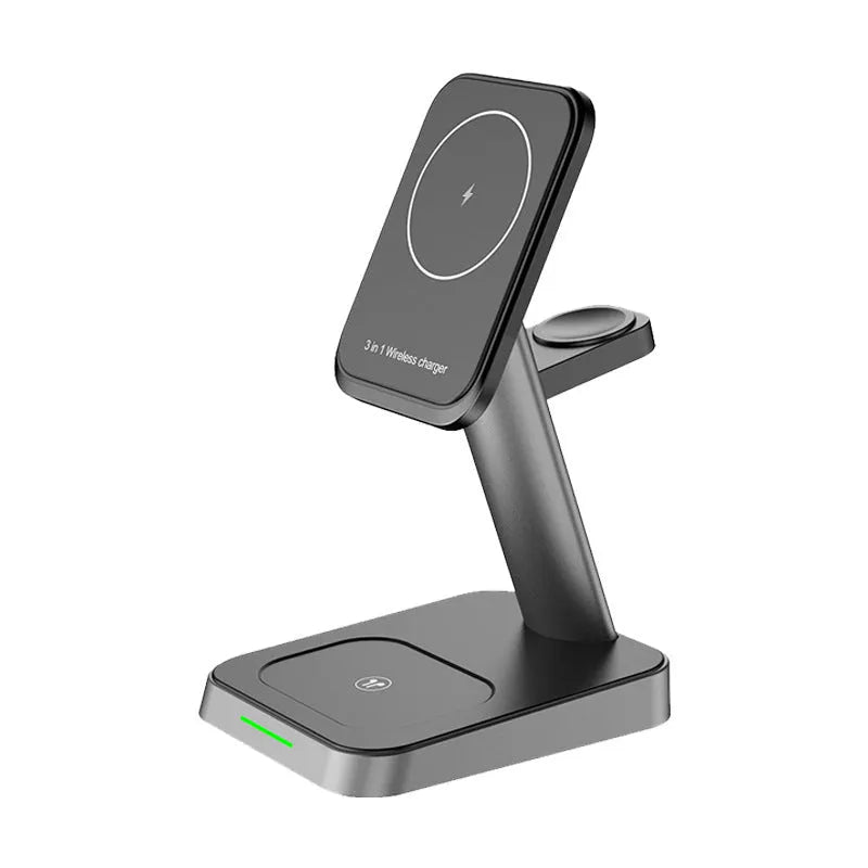 Black cube wireless charging station with vertical phone stand and smartwatch charging pad