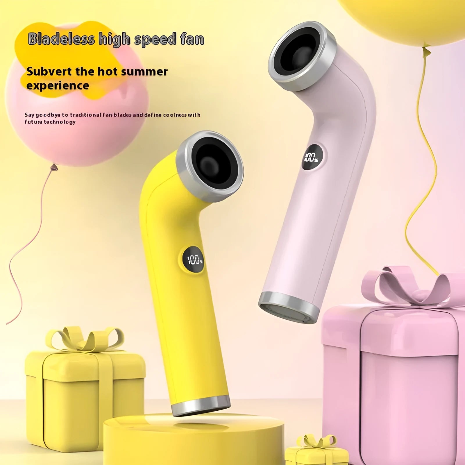 Handheld bladeless turbine fan in apricot, pink, or yellow colour