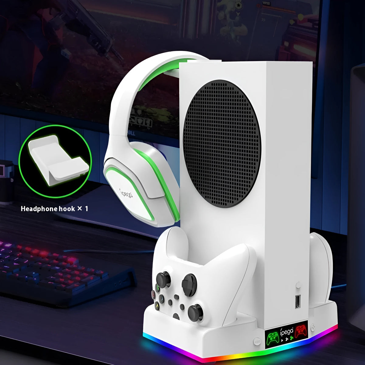 Xbox Series S multi-function cooling base with fan, earphone hook and colourful light in ABS