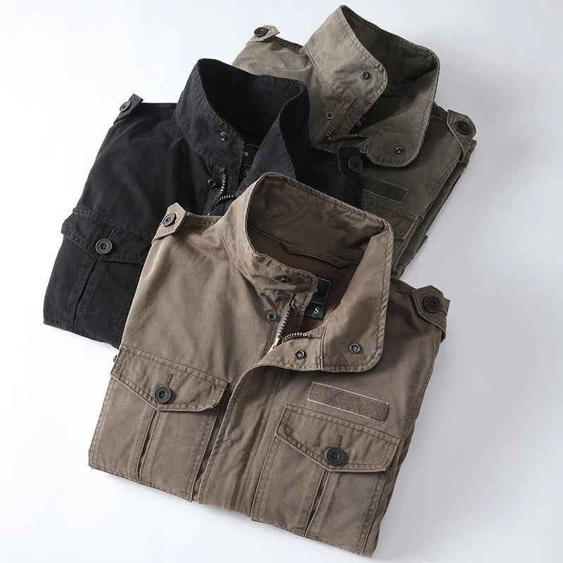 Men's loose-fit casual cotton jacket in light brown with zip front, shown on a model.